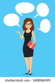 Young businessman girl, with speech bubbles. Girl in a strict dress holding a folder and makes a gesture. Flat style on blue background. Cartoon.