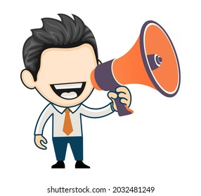 Young businessman giving announcement using loudspeaker. Joyful man holding megaphone. Marketing concept in cartoon vector style