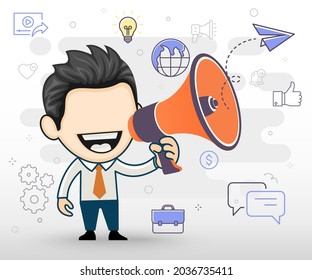 Young businessman giving announcement using loudspeaker. Joyful man holding megaphone. Marketing concept in cartoon vector style