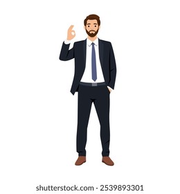 Young businessman giving an OK sign. Flat vector illustration isolated on white background