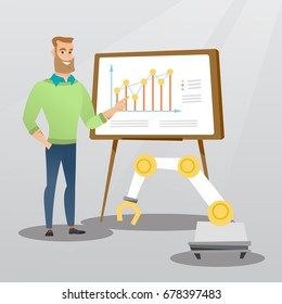 Young businessman giving presentation on the theme of robotic technology usage. Businessman and robotic arm standing on the background of board with charts. Vector cartoon illustration. Square layout.