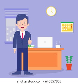 Young businessman giving a thumb or good sign with hand. Business concept.