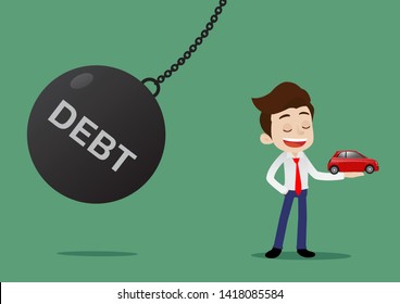 Young businessman was glad to get a new car, but forgot to think of a large debt that was following, Cartoon vector illustration