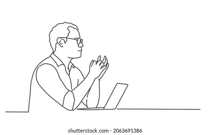 Young businessman in glasses sits with a laptop at the table. Hand drawn vector illustration. Black and white.