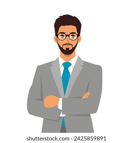 A young businessman in glasses and a tie stands with folded hands. Confident man. Flat Vector Character Isolated on White Background