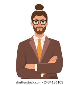 Young businessman in glasses and a tie stands with folded hands. Flat vector illustration isolated on white background