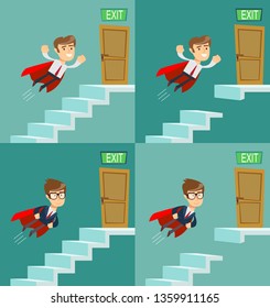 A young businessman going upstairs steadily, a closed door in the wall at the top. Concept of career growth. Stock flat vector illustration.