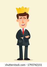 Young businessman with a gold crown on his head with crossing hands. Best manager. A successful millionaire. Vector illustration, flat design, cartoon style, isolated background.