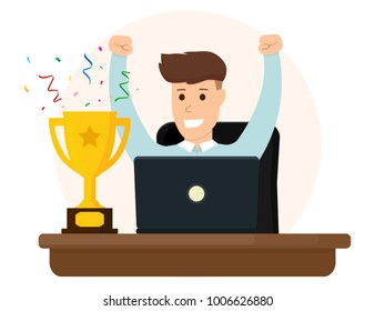 Young businessman got a gold award. Business concept. Vector illustration. Flat design.