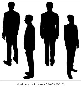 Young businessman. Guy in the suit. Vector illustration male silhouette stands. Four male poses: rear view, sideways, looking back. Black silhouette is isolated on a white background. Teamwork.