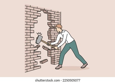 Young businessman with hammer crashing wall strive for business achievement or accomplishment. Determined male employee break brick wall. Vector illustration. 