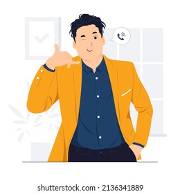 Young businessman and hand in his pocket making call gesture and fingers  Give me call concept illustration