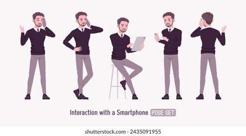 Joven empresario, hombre guapo conjunto de traje formal, pose de uso de smartphone. Suéter elegante del jersey del cuello en V de la oficina de negocios, corbata, cuello blanco de la camisa, pantalones grises del traje, zapatos clásicos. Ilustración de vector