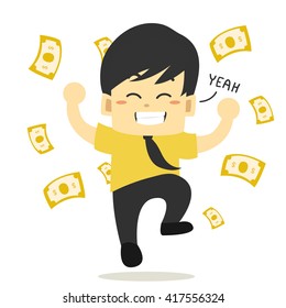 Young businessman is happy to receive the money.