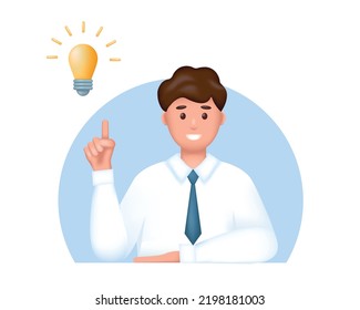 Un joven hombre de negocios que tiene una idea. 3.º personaje masculino. Autonomía, creatividad, innovación y concepto de ideas de negocios. Dibujo vectorial de caricatura realista.