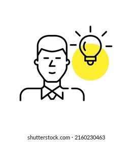 Young businessman having an idea. Man in a suit with a light bulb. Pixel perfect, editable stroke line art icon