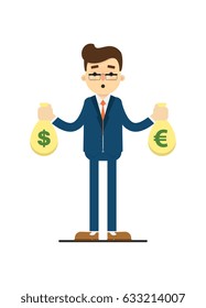 Young businessman hold bags of money isolated on white background vector illustration. Smiling man in blue business suit in flat design.