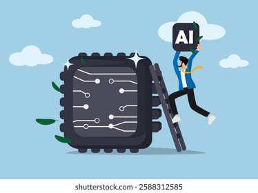 Young businessman holding AI, adoption of Artificial Intelligence, users or people who use AI to help and support work success, businessman carrying AI processing chip