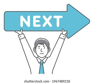Young businessman holding arrow sign ( link to next page ) vector illustration