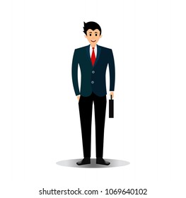 Young businessman holding a bag in the left hand isolated on white background. Vector eps10.