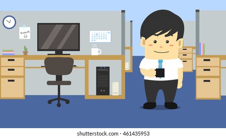 Young businessman holding a black cup of coffee in his hand and standing at the office with smiley face. Workplace room with office supplies. Flat Character and interior design vector illustration