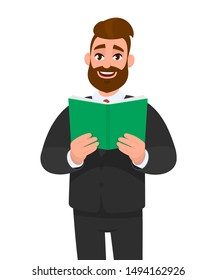 Young businessman is holding a book. Person reads textbook. Male character design illustration. Human emotions, facial expressions concept in vector cartoon style.