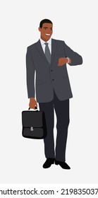Young businessman holding a briefcase, stands and looks at his wristwatch. Smiling handsome man wearing formal suit and tie. Attractive male cartoon character vector realistic illustration isolated.
