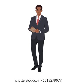 Hombre de negocios joven que sostiene el Portapapeles. Ilustración de personaje de Vector plano