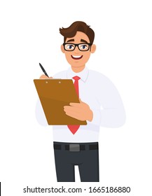 Young Businessman Holding Clipboard And Writing With Pen. Trendy Person Checking File Or Checklist. Male Character Keeping Folder, Document Or Reports. Cartoon Illustration Design In Vector Style.