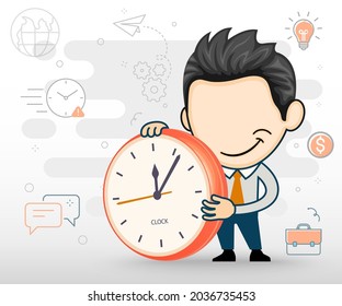 Young businessman holding clock. Flat business concept in cartoon style