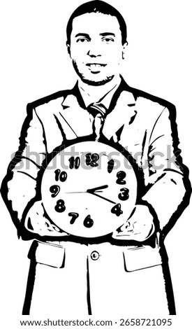 Young businessman holding clock in front of camera isolated on white background Sketch vector