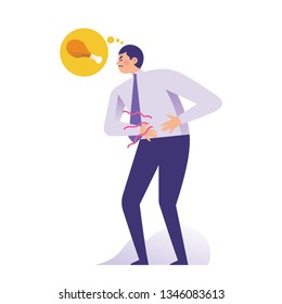 Young Businessman Holding His Stomach Because Of Hungry, Man Has Stomach Problem And Thinking About Food, Starving Concept Vector Illustration