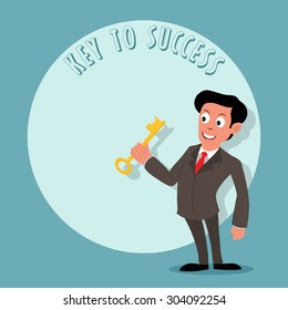 Young businessman holding key to success on stylish background.