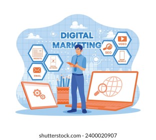 Young businessman holding notebook and pen in office space. Digital marketing concept, SEO. Digital Marketing, internet marketing concept. Trend Modern vector flat illustration