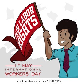 Young businessman holding a red flag ready to march in Workers' Day.