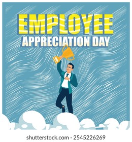 Young businessman holding the trophy. Employees get gifts from managers. Employee Appreciation Day concept. Flat vector illustration.