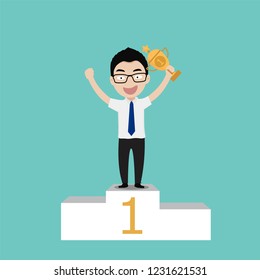 Young businessman holding winning trophy on standing on the pedestal. Concept of leadership, success and victory in business