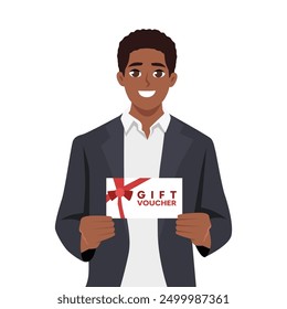 Young businessman holds gift certificate coupon voucher card. Flat vector illustration isolated on white background