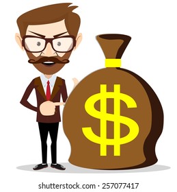 Young businessman with a huge bag full of money, vector illustration