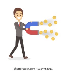 Young businessman with a huge magnet attracting money. Guy catch golden coins. Idea of wealth and success. Flat vector illustration