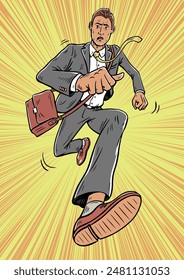 Young businessman in a hurry. Runs at high speed. Stress and being late for work. Humorous picture. Cartoon vector isolated illustration. Pop art drawn outline style