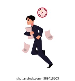 Young businessman hurrying to work holding papers, losing documents, being late, cartoon vector illustration isolated on white background. Businessman, worker, employee harrying to work