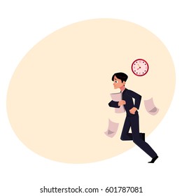 Young businessman hurrying to work holding papers, losing documents, being late, cartoon vector illustration with place for text. 