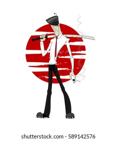 Young businessman with japanese sword and cigarette om red sun background. Business Concept of leadership, aggressive sales and stress. Cartoon vector illustration