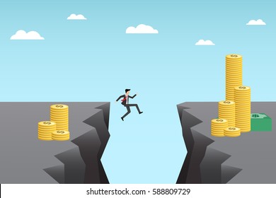 Young Businessman Jump Over A Cliff To Get More Money