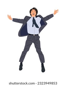 Young businessman jumping for joy, celebrating success, winning. Excited man in formal gray suit and tie. Vector realistic illustration isolated on white background.