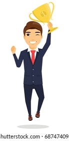 Young businessman jumping for joy with the trophy in his hand. A guy in a business suit. Smiles and winks. Happy guy. In flat style on white background. Cartoon.