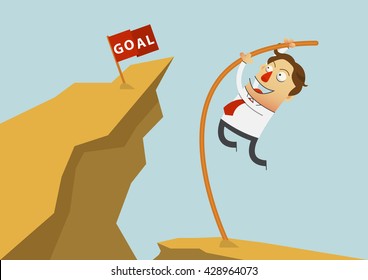 Young businessman jumping over gap cliff with high pole. Cartoon character, Vector, illustration