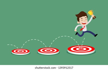 Young businessman jumping from a small goal to another big goal and achieved success with the trophy, Cartoon vector illustration