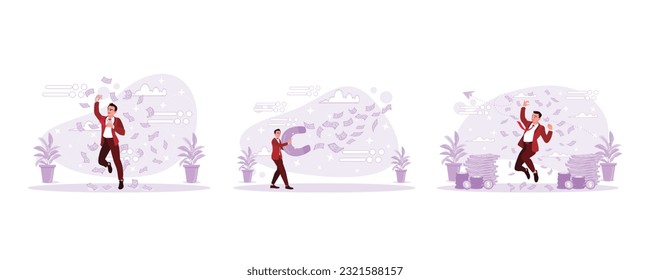 Young businessman jumping while holding a dollar bill. Business people are trying to attract money with a big magnet. A man in a tie jumps happily with money raining. Trend Modern vector flat .